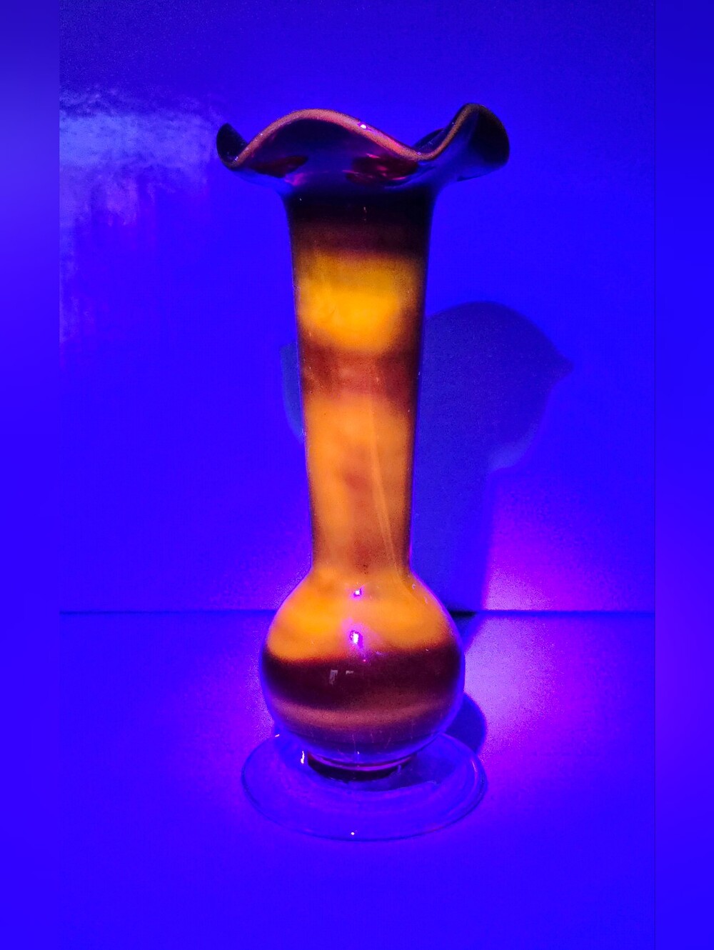 Cadmium Ruby Red Glass Bud Vase 8" Ruffled Rim UV Glow Glassware Decor